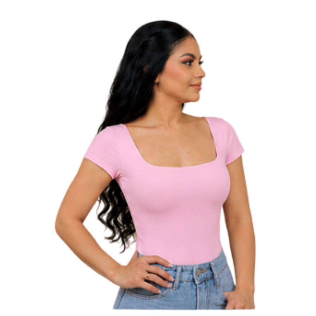 Square neck short sleeve full back bodysuit