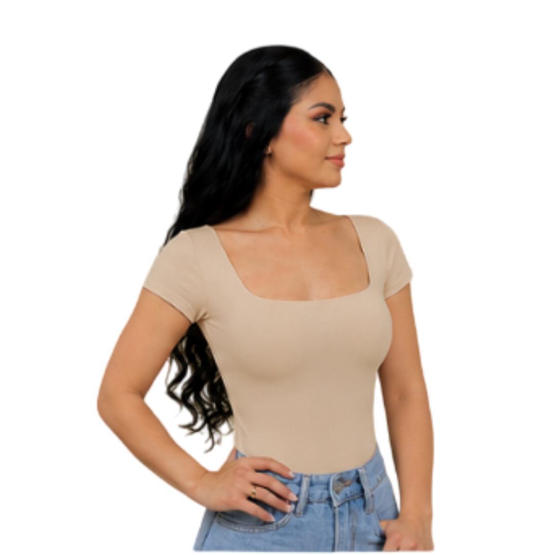 Square neck short sleeve full back bodysuit